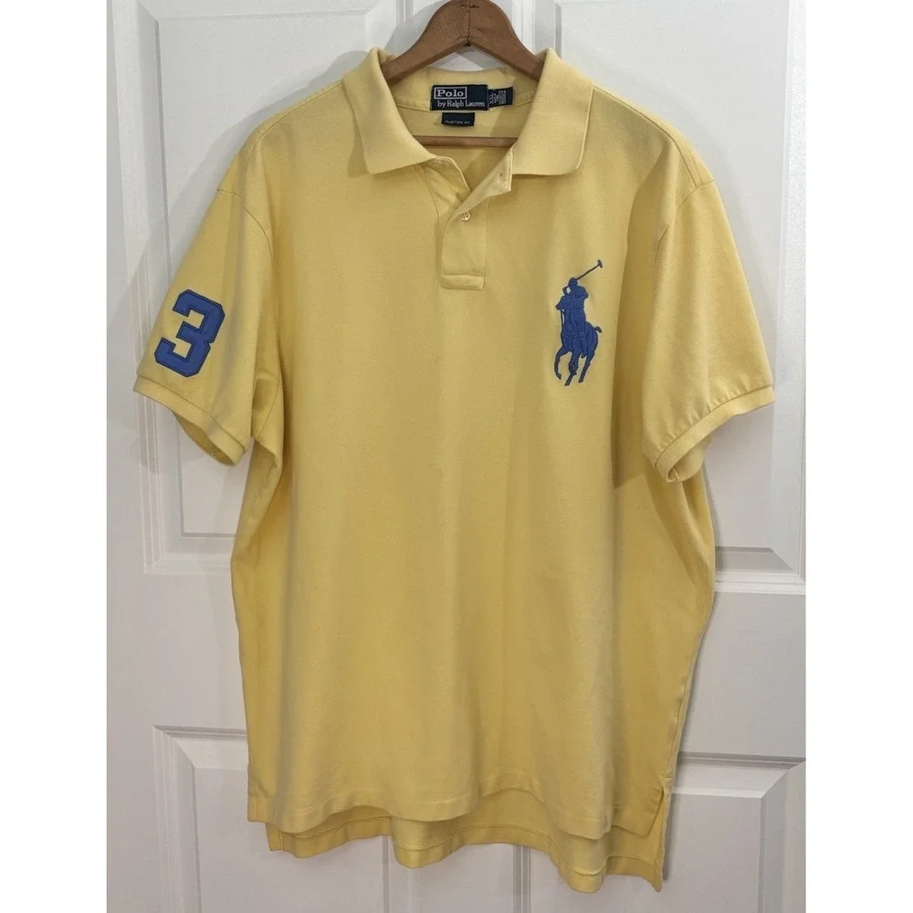 polo ralph lauren custom fit XXL Yellow Big Pony‎ Shirt Blue Logo #3 0489